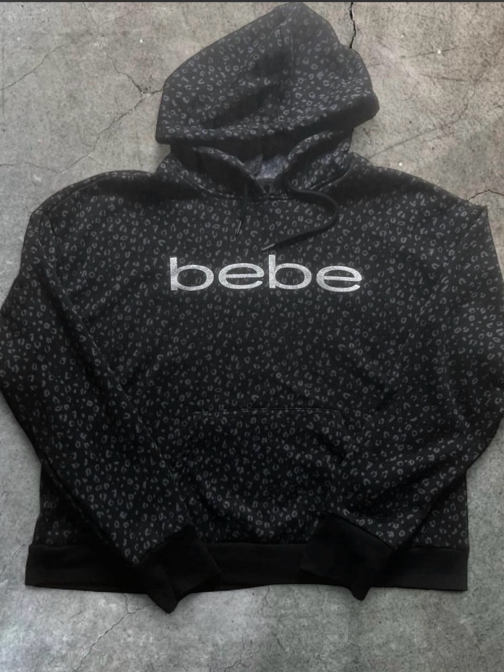 Bebe Black Leopard Print Hoodie with Silver Logo